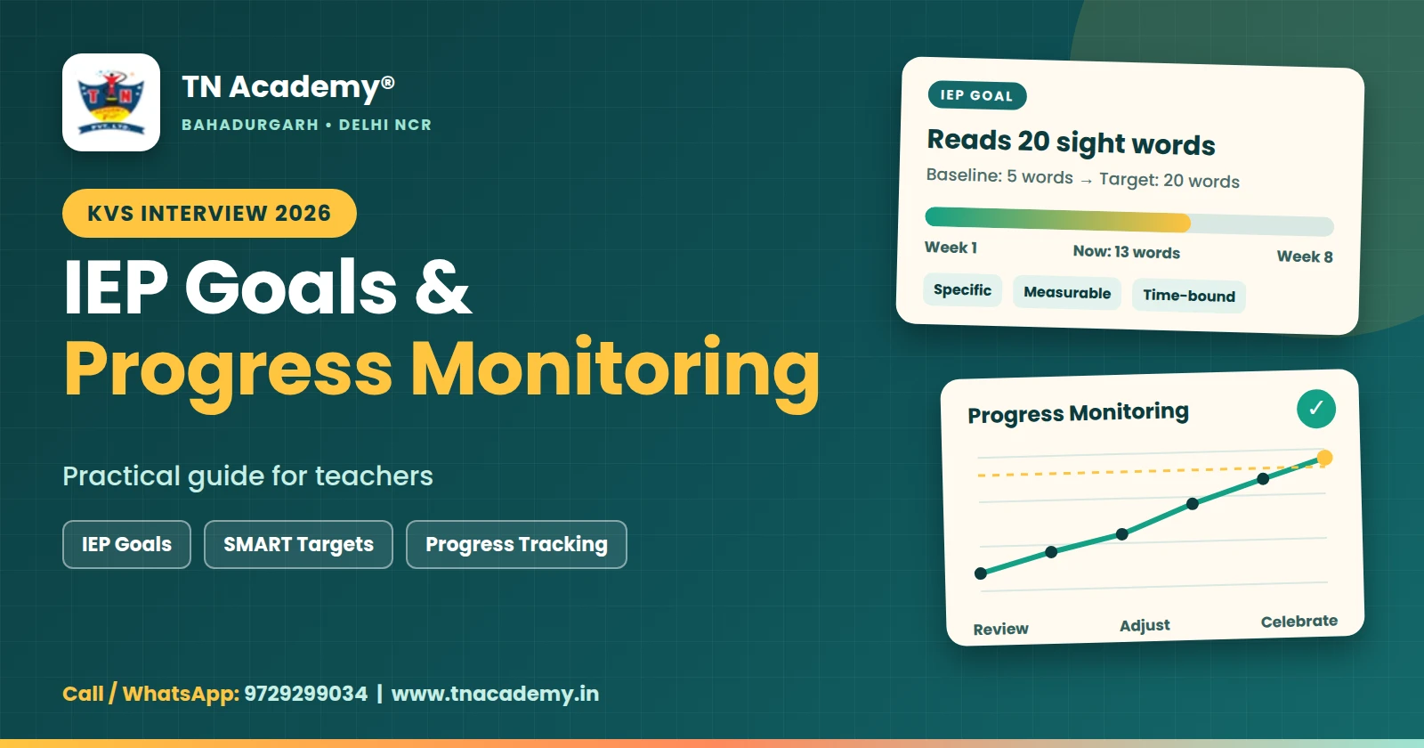 KVS Interview 2026: IEP Goals and Progress Monitoring | Practical Guide for Teachers SEO Title: KVS Interview 2026: IEP Goals and Progress Monitoring Meta Description: KVS Interview 2026 ke liye IEP goals kaise set karein, student progress kaise monitor karein aur classroom-based interview questions kaise answer karein. Suggested URL Slug: "kvs-interview-iep-goals-progress-monitoring" Primary Keyword: IEP goals and progress monitoring Secondary Keywords: KVS Interview 2026, IEP goals, progress monitoring in education, KVS Special Educator interview, KVS PRT interview questions, inclusive education, individual learning goals, teacher interview preparation --- IEP Goals Kya Hote Hain? KVS Interview 2026 ki preparation mein IEP goals and progress monitoring ko practical perspective se samajhna important hai. IEP mein goals student ki identified learning needs aur present level ke according plan kiye ja sakte hain. Goal ka purpose ye clear karna hota hai ki student ko kis specific area mein kya progress achieve karne mein support dena hai. Ek good goal: - Specific hota hai. - Student ki need se connected hota hai. - Observable ya measurable behaviour ko describe karta hai. - Appropriate support aur assessment ke saath monitor kiya ja sakta hai. --- Weak Goal vs Practical Goal Example 1 — Reading ❌ Weak: “Student will improve reading.” Problem ye hai ki “improve” ko clearly measure karna difficult hai. Better: “Student will read selected grade-appropriate words or short passages with increasing accuracy according to the planned classroom assessment criteria.” Actual target student ki baseline aur grade-level expectations ke according set hona chahiye. --- Example 2 — Numeracy ❌ Weak: “Student will become good at Maths.” Better: “Student will solve selected basic addition problems using appropriate visual or concrete support and gradually increase independent responses.” --- Example 3 — Classroom Communication ❌ Weak: “Student will communicate better.” Better: “Student will participate in selected classroom activities by responding to teacher prompts or expressing a relevant response with gradually reduced support.” --- Progress Monitoring Kya Hai? Progress monitoring ka simple meaning hai student ki learning progress ko regular basis par observe aur assess karna. Teacher ye check karta hai: - Student ne kya learn kiya? - Current performance kya hai? - Kahan difficulty aa rahi hai? - Kya existing strategy kaam kar rahi hai? - Kya additional support ki zaroorat hai? - Kya goal ya teaching strategy review karni chahiye? Progress monitoring sirf final exam ke time nahi hota. Classroom activities, observation, worksheets, oral responses, practical tasks aur other suitable assessments ke through progress collect ki ja sakti hai. --- IEP Progress Monitoring Ka Simple Cycle Ek teacher is process ko simple steps mein samajh sakta hai: Baseline → Goal → Teaching → Practice → Assessment → Progress Review → Adjustment Step 1: Baseline Student abhi kya kar sakta hai? Step 2: Goal Next learning target kya hai? Step 3: Teaching Kaunsi strategy use ki jayegi? Step 4: Practice Student ko kitni aur kis type ki practice chahiye? Step 5: Assessment Student ne kitna progress kiya? Step 6: Review Kya current strategy effective hai? Step 7: Adjustment Agar required ho toh teaching method, support ya next learning target ko review karein. --- Practical Progress Monitoring Example — Primary Maths Maan lijiye student ko basic addition mein difficulty hai. Baseline Student concrete objects ki help se simple addition attempt karta hai, lekin written calculation mein frequent support require karta hai. Goal Student ko selected addition tasks independently attempt karne mein support karna. Teaching Strategy Teacher: - Counters use kare. - Number line use kare. - Step-by-step explanation de. - Guided practice karaye. - Gradually prompts reduce kare. Progress Check Regular short activities ke through teacher observe kare: - Student question independently attempt kar raha hai ya nahi. - Kitne prompts ki zaroorat pad rahi hai. - Calculation mein kis type ki mistake ho rahi hai. - Student apna answer explain kar pa raha hai ya nahi. Review Agar student progress kar raha hai, toh support gradually reduce kiya ja sakta hai aur task complexity appropriate level par increase ki ja sakti hai. Agar progress limited hai, teacher ko strategy, task difficulty aur required support ko review karna chahiye. --- Progress Monitoring Ke Useful Methods Student ki needs ke according teacher different methods use kar sakta hai: 1. Observation Classroom activity ke dauran student ka performance observe karna. 2. Short Oral Questions Student se simple questions poochhkar understanding check karna. 3. Worksheets Selected skills ko check karne ke liye short worksheets use karna. 4. Activity-Based Assessment Objects, cards, games ya practical tasks ke through learning assess karna. 5. Student Work Samples Student ke previous aur recent work ko compare karke progress understand karna. 6. Performance Records Relevant observations aur assessment results ko systematically maintain karna. --- KVS Interview 2026: IEP Goals and Progress Monitoring Questions Q1. What makes an IEP goal effective? Answer: “An effective IEP goal should be connected to the student’s identified learning need and should describe an observable or measurable learning outcome that can be monitored over time.” --- Q2. How will you monitor the progress of a student? Answer: “Main regular classroom observation, short assessments, student work samples and activity-based tasks ke through progress monitor karunga. Results ko previous performance ke saath compare karke next teaching step plan karunga.” --- Q3. What will you do if the student is not making expected progress? Answer: “Main pehle student ki performance aur current teaching strategy review karunga. Difficulty kis area mein hai, ye identify karke suitable changes in teaching method, task level or support provide karunga.” --- Q4. Should IEP goals be the same for every student? Answer: “No. IEP goals should be based on the individual student’s identified learning needs, current performance and appropriate educational targets.” --- Q5. Why is baseline assessment important? Answer: “Baseline se teacher ko student ki present performance samajhne mein help milti hai. Is information ke basis par realistic learning goals aur suitable support plan kiya ja sakta hai.” --- Situation-Based KVS Interview Questions Situation 1: Student ki progress 3 weeks se almost same hai. What will you do? Sample Answer: “Main current teaching strategy aur student ki performance ko review karunga. Main check karunga ki task difficulty appropriate hai ya nahi, student ko kis type ka support chahiye aur kya alternative teaching strategy try ki ja sakti hai. Uske baad progress ko again monitor karunga.” --- Situation 2: Student goal achieve kar leta hai before the expected review. Sample Answer: “Main achievement ko document karunga aur student ki current level ke according next appropriate learning target plan karunga. Support ko bhi student ki independence ke according adjust karunga.” --- Situation 3: Student assessment mein correct answer deta hai but classroom activity mein participate nahi karta. Sample Answer: “Main academic performance ke saath classroom participation ko separately observe karunga. Student ke participation barrier ko understand karne ki koshish karunga aur suitable interaction strategy, pair activity ya structured participation opportunity provide karunga.” --- IEP Progress Monitoring Mein Parent Communication Student ki progress ke context mein parents ke saath communication factual aur constructive hona chahiye. Teacher ko: - Student ki strengths discuss karni chahiye. - Specific areas of progress batani chahiye. - Current learning needs explain karni chahiye. - Home support ke practical suggestions dene chahiye. - Unrealistic promises avoid karne chahiye. Parent meeting ka purpose blame assign karna nahi, balki student ke learning support ko better coordinate karna hona chahiye. --- KVS PRT Demo Teaching Mein Progress Monitoring Ka Example Agar aap Maths demo mein Addition padha rahe hain, toh lesson ke end mein quick assessment kar sakte hain: Question 1: 5 + 2 = ? Question 2: Show 6 + 3 using counters. Question 3: Explain how you got the answer. In teen questions se teacher ko student ki calculation, representation aur explanation ko observe karne ka opportunity mil sakta hai. --- KVS Interview 2026 IEP Preparation Checklist - IEP goal aur classroom objective ka difference samjhein. - Baseline assessment ka meaning prepare karein. - Measurable goals ke examples practice karein. - Progress monitoring methods yaad karein. - Student progress na hone par strategy change explain karna seekhein. - Situation-based questions practice karein. - Parent communication ka practical answer prepare karein. --- KVS PRT Interview Preparation 2026 — TN Academy® TN Academy® — Govt Job Coaching Institute, Bahadurgarh Trusted Education Brand | Education Legacy Since 14 March 2013 Agar aap KVS PRT Interview 2026 ki serious preparation kar rahe hain, toh IEP ke saath inclusive classroom, differentiated instruction, classroom situations, demo teaching, communication aur mock interview practice ko bhi prepare karein. KVS PRT Interview Preparation 2026 — 4th Fresh Batch 20-Day Intensive Interview Preparation Module KVS Special Educator PRT + TGT Interview Preparation 2026 — 5th Fresh Batch Batch details aur counselling ke liye: Call / WhatsApp: 9729299034 Tarun Dhankar Sir Founder • Director • CEO — TN Academy® Career Mentor | Interview Panelist | Mathematician TN Academy® — Trusted Education Brand with a Legacy Since 14 March 2013. TN Academy® interview preparation and training provide karta hai. Selection official recruitment process aur candidate performance par depend karta hai.